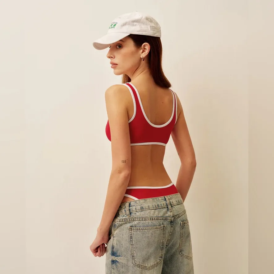 NWT Commense bikini set Contrast Trim Scoop Neck top cheeky bottoms layered look Red Size L - Image 5