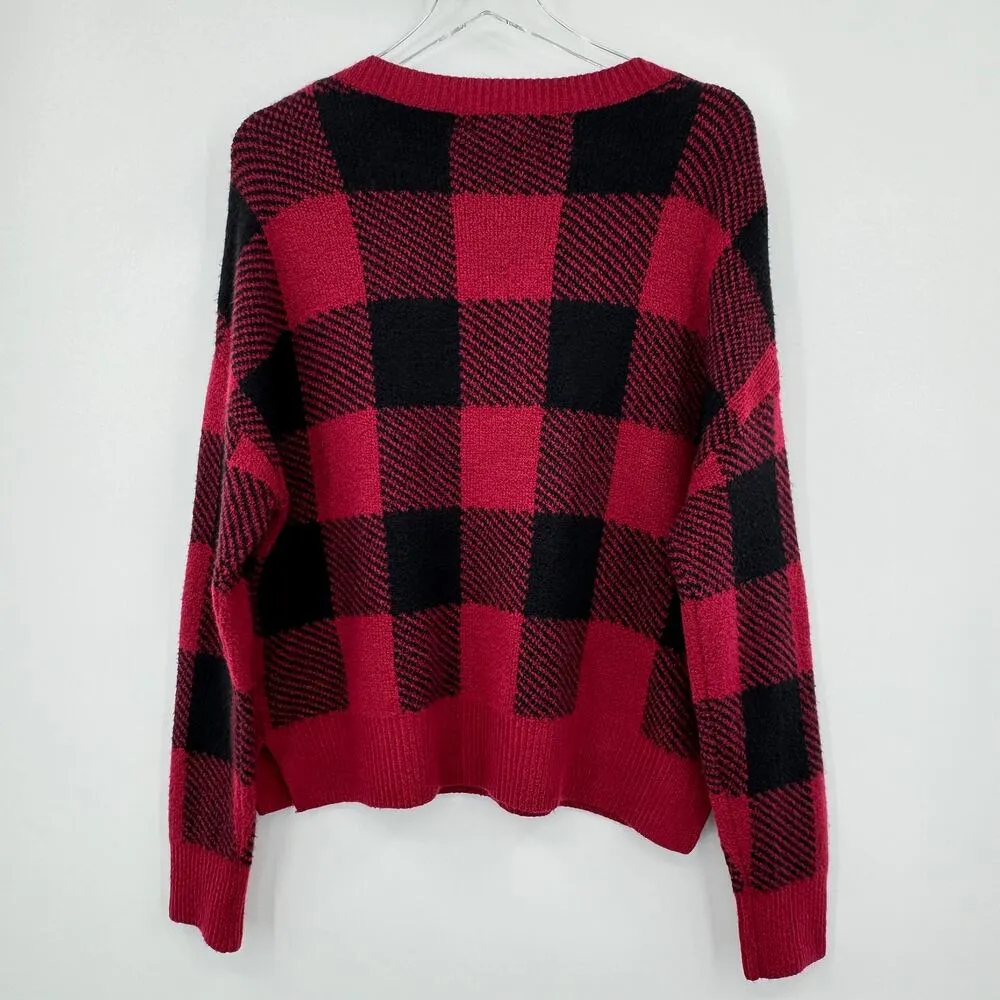 William Rast sweater V neck pullover buffalo plaid red black large NEW - Image 3