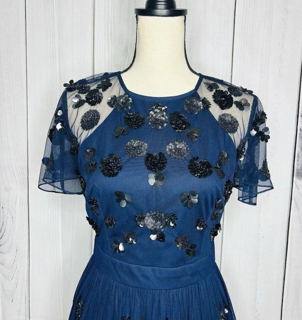 Gianni Bini A-Line Flare Dress Navy Sequin Mesh Tulle Open Back Sz 6 - Image 2
