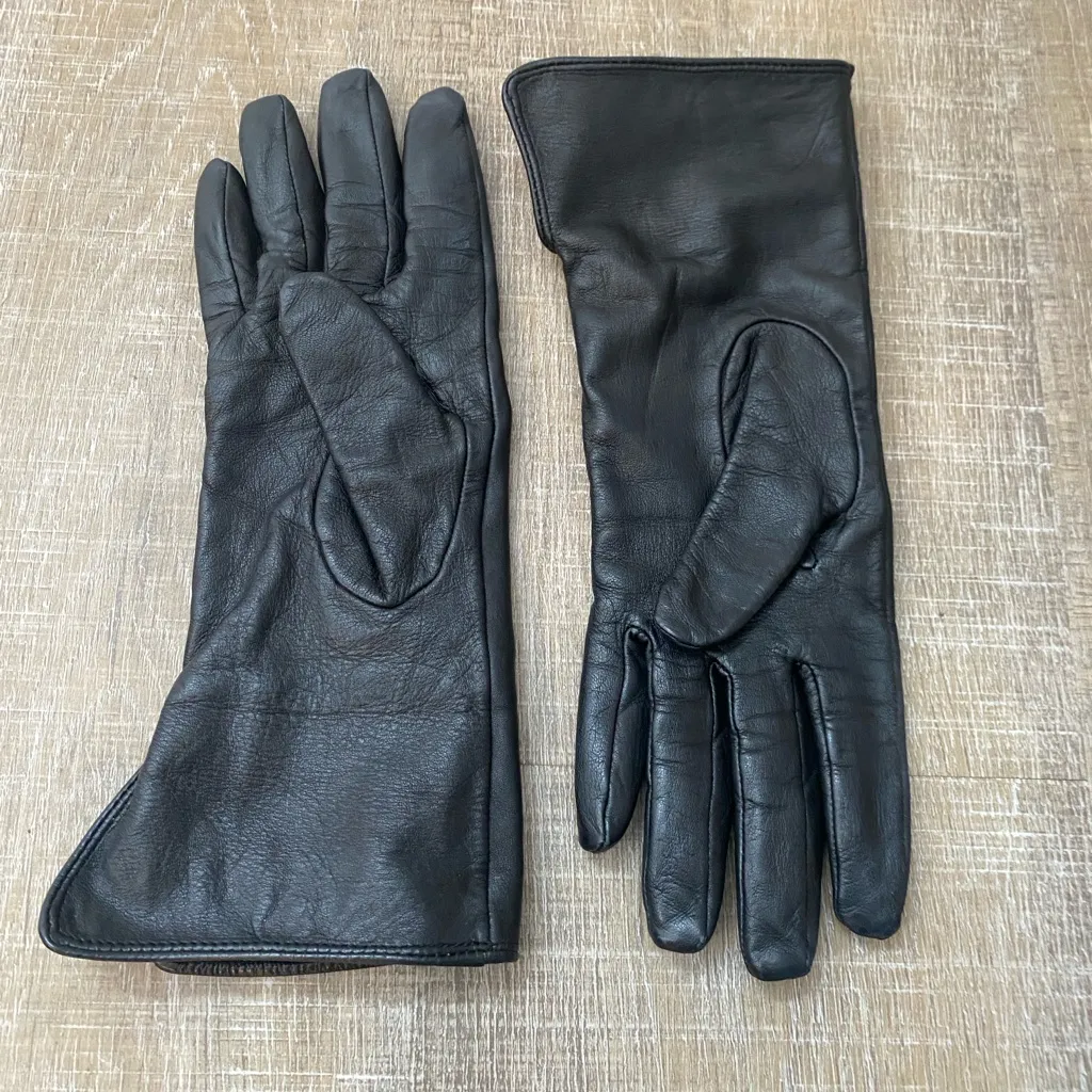 Black Genuine Leather Leopard Trim Gloves Fleece Lined Warm Winter Womens Small - Image 5