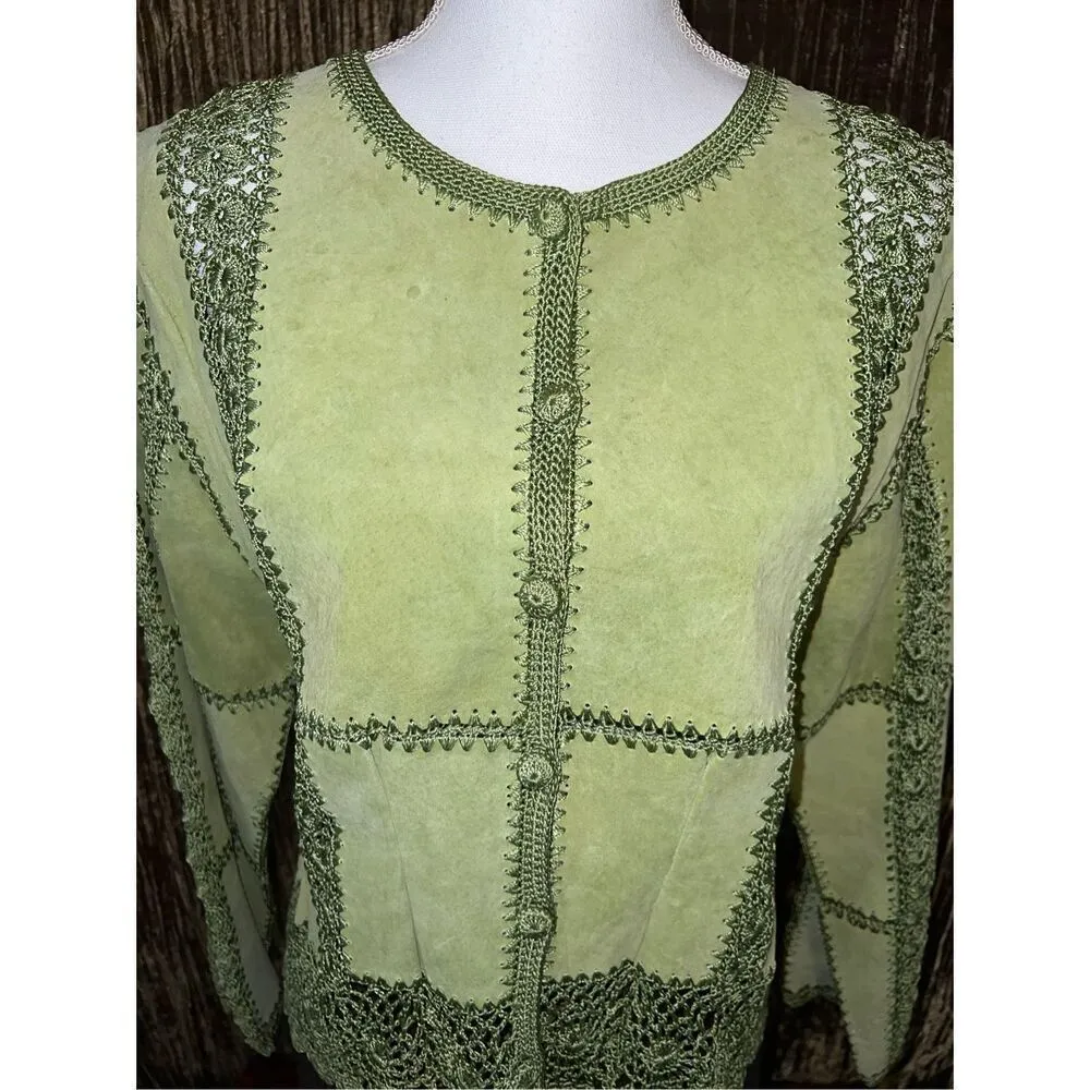 Women’s VTG Leather & Crochet Patchwork Cardigan Sweater Green Size M - Image 3