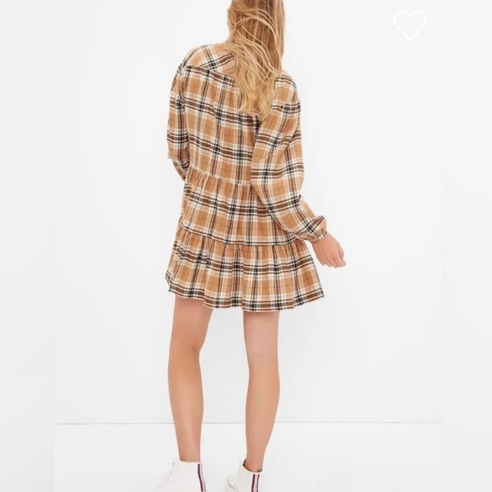 Women's Soft Cotton Brown Plaid Tiered‎ Mini Dress Small - Image 3