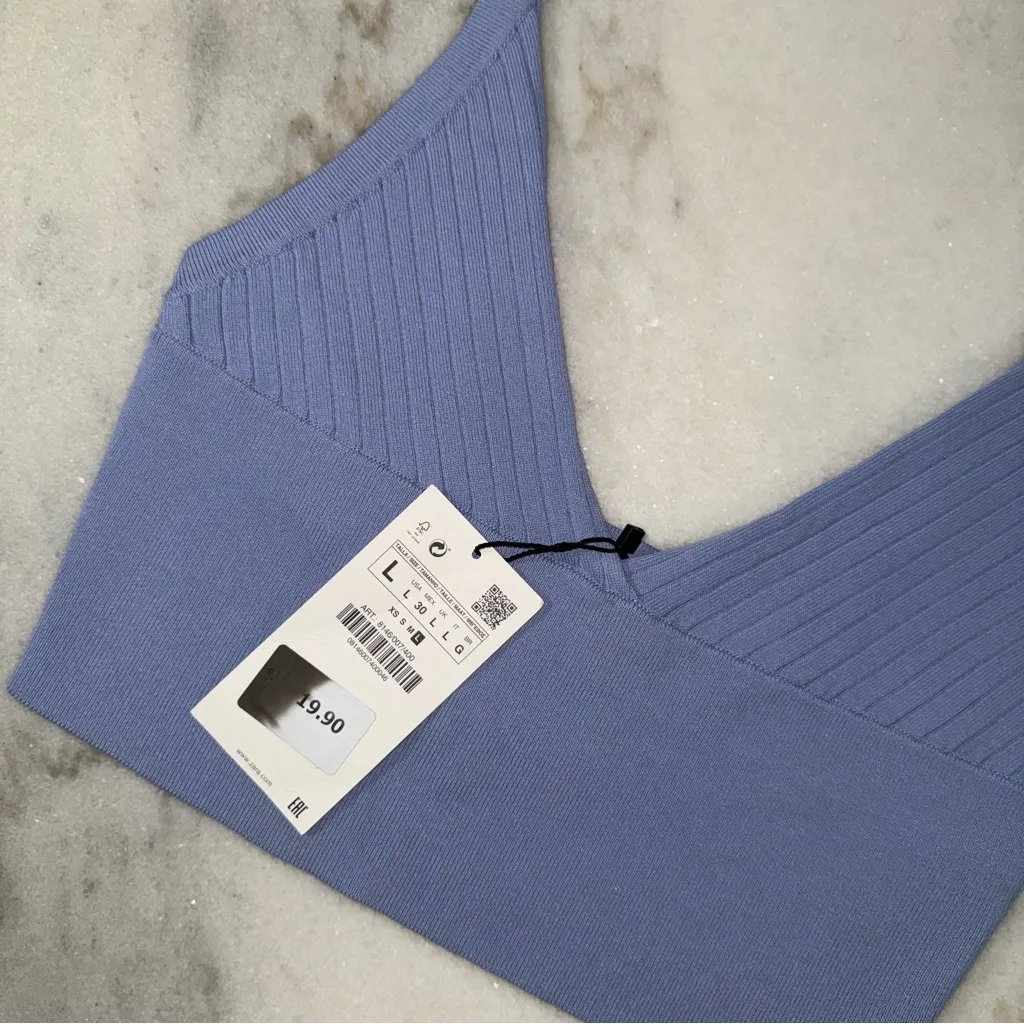 Zara Blue Ribbed Knit V Neck Bralette Crop Top Womens Large New NWT - Image 2
