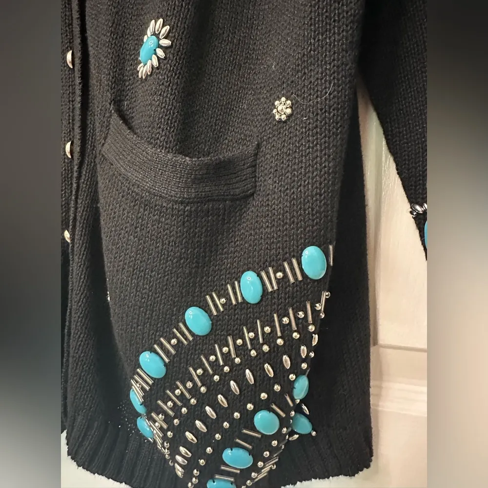 Le Chois Cardigan Medium Black Embellished Knit Sweater Silver Blue Beads NWOT - Image 4