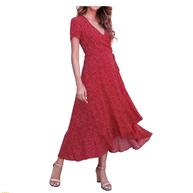 ZESICA Women's Bohemian Floral Printed Wrap V Neck Short Sleeve Split Beach S Red - Image 9