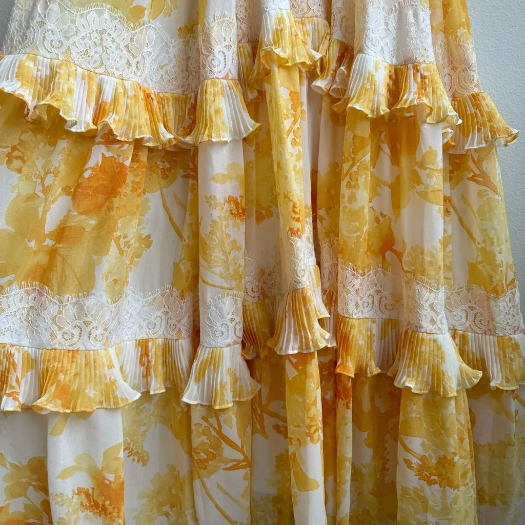 BHLDN Ava Floral Yellow Organza Halter Ruffle Midi Tier Lace Party Size Small - Image 7