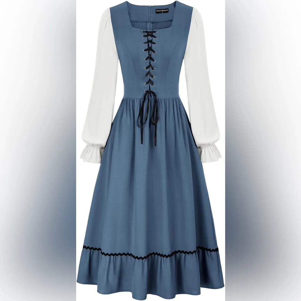 NEW Scarlet Darkness Long Sleeve Renaissance Lace Up Ric Rac Midi Dress Blue XL - Image 2