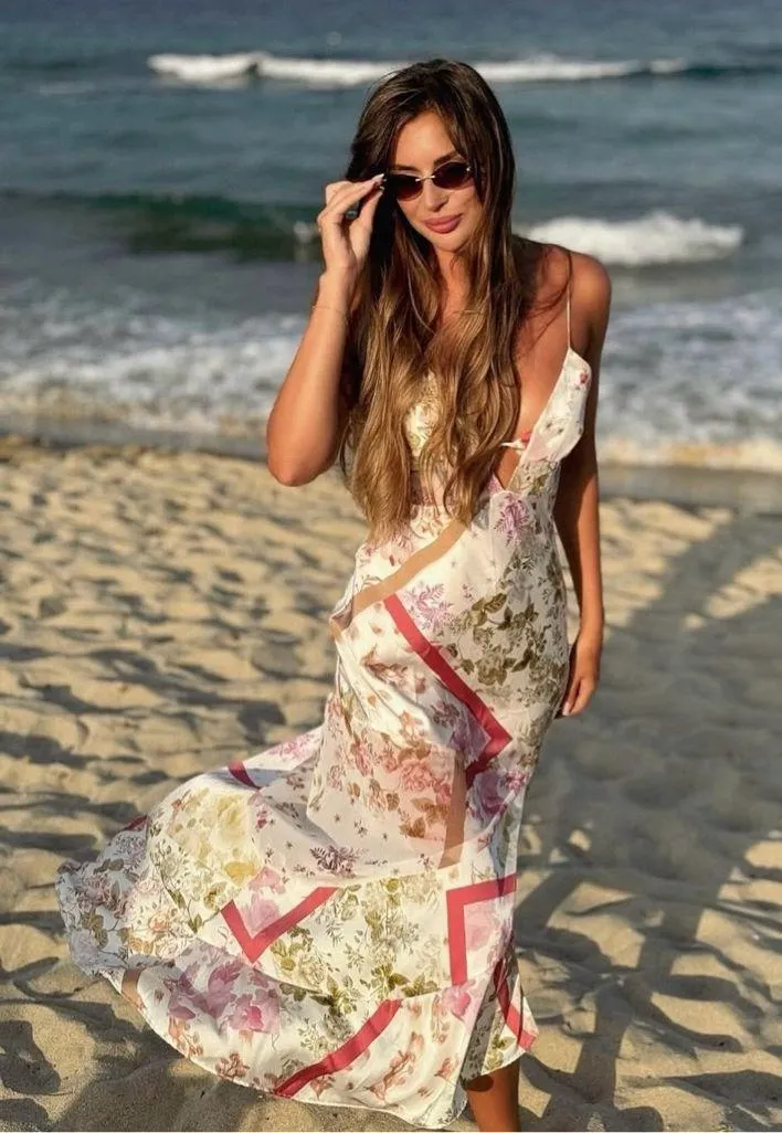 dress midi floral boho summer casual split satin wedding - Image 12