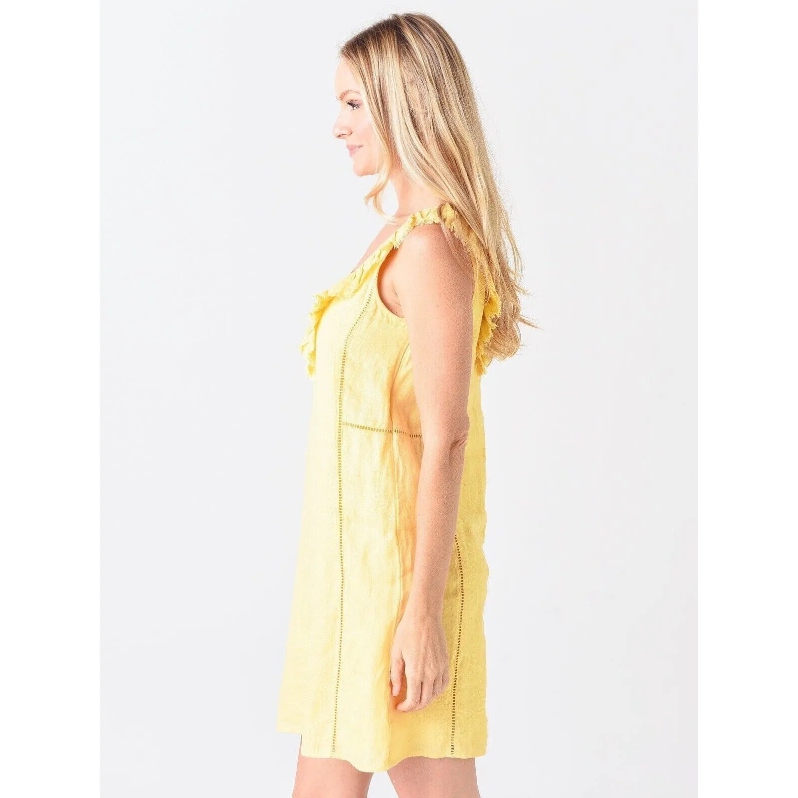 Faherty Ellis Sleeveless Ruffle Yellow Linen Shift Mini Dress Size Small EUC!!! - Image 2