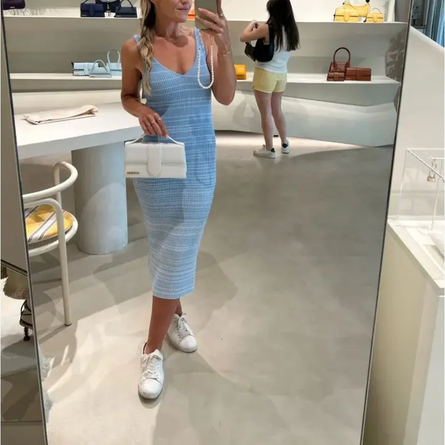 Staud Blue White Striped Ribbed Knit Midi Dress XS Bodycon Tank Designer $200 - Image 7