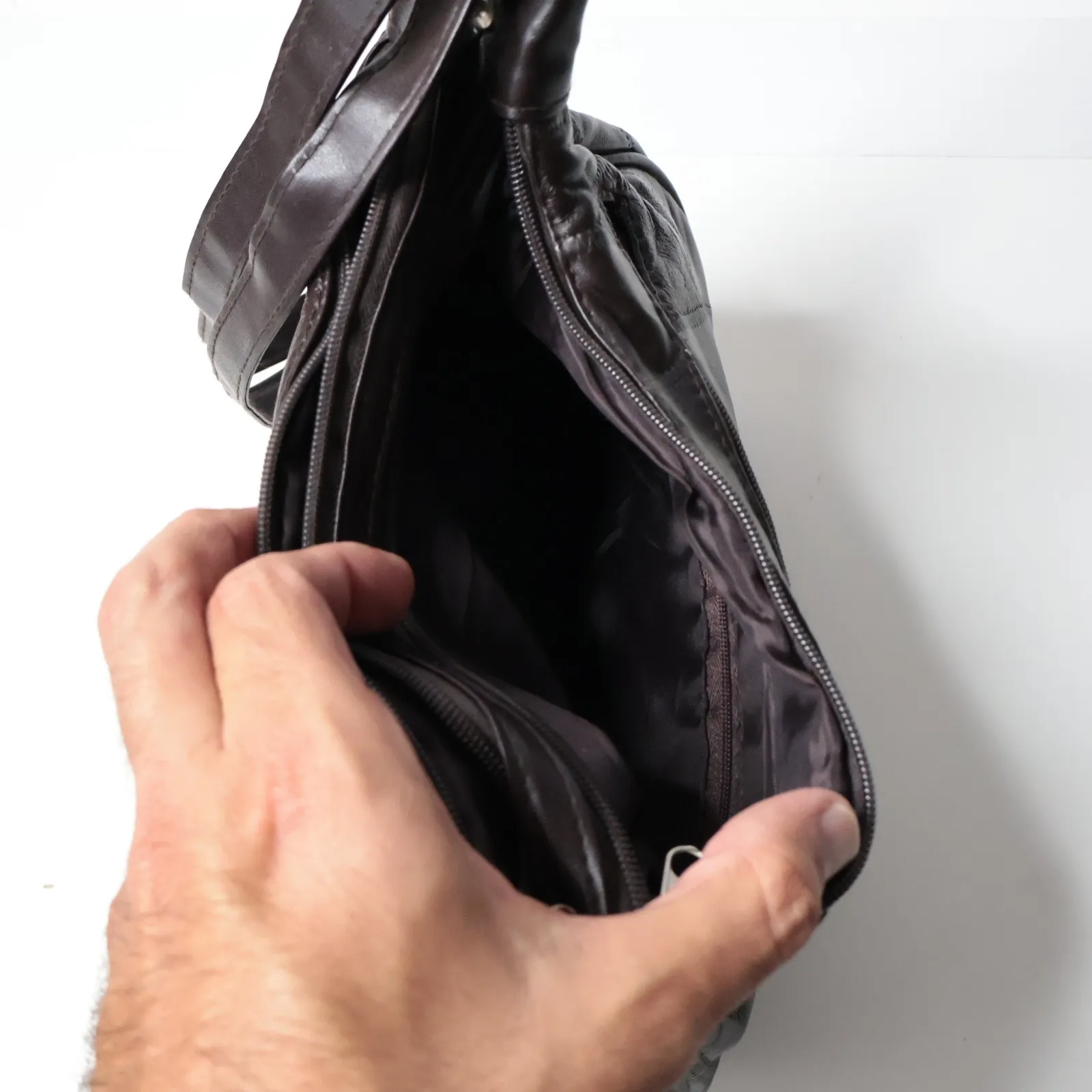 Dark Brown Smooth Leather* Patchwork Bag Purse Zip‎ Pockets Minimalist Boho Chic - Image 3