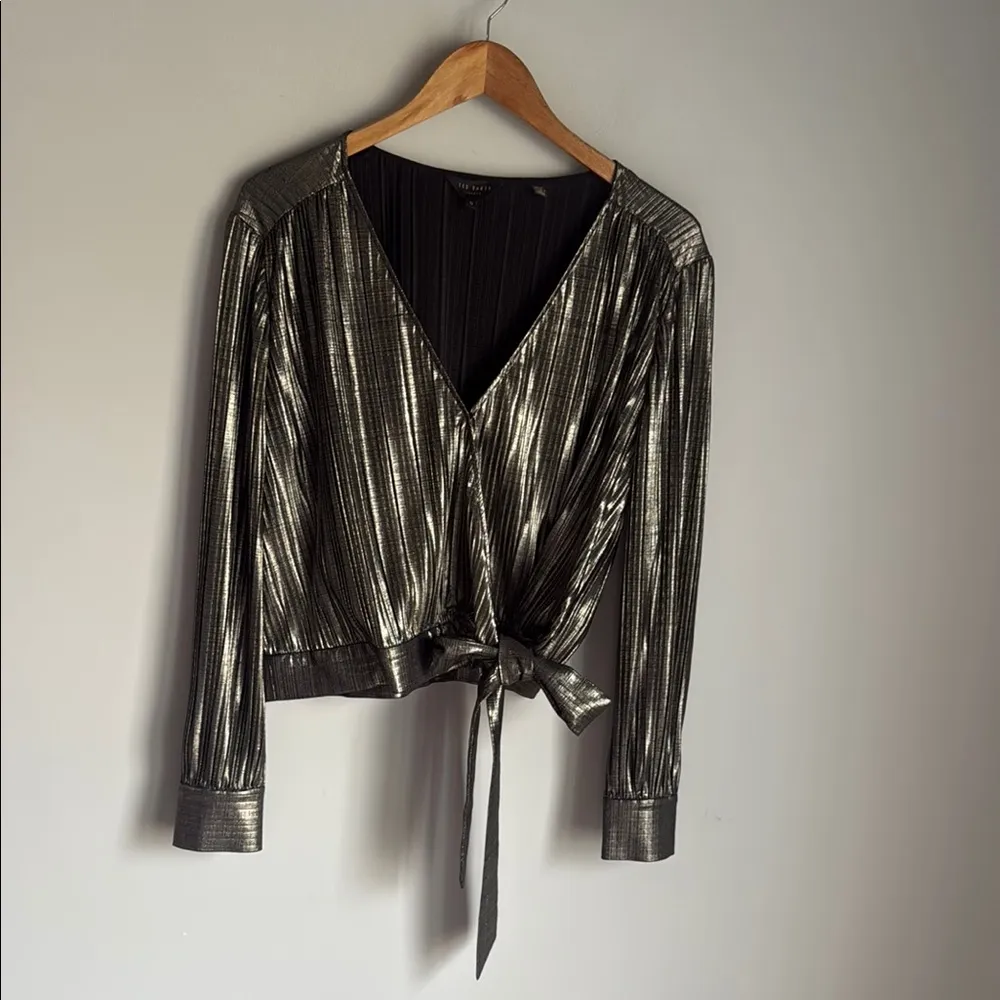 Ted Baker  Elwiira Gathered Metallic Wrap Top - Gray Large - Image 2