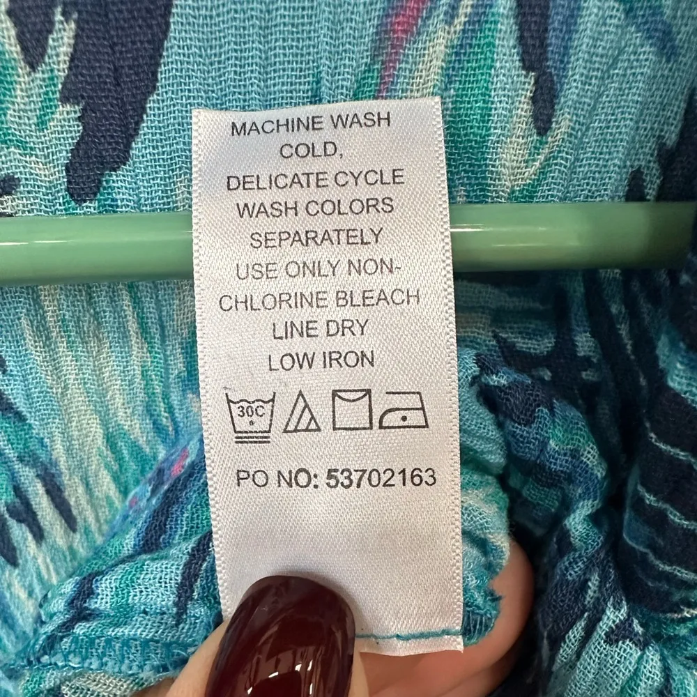 Woman Within Plus Size Pintucked Button Down GauzeShirt Blue Watercolor Palm - Image 8