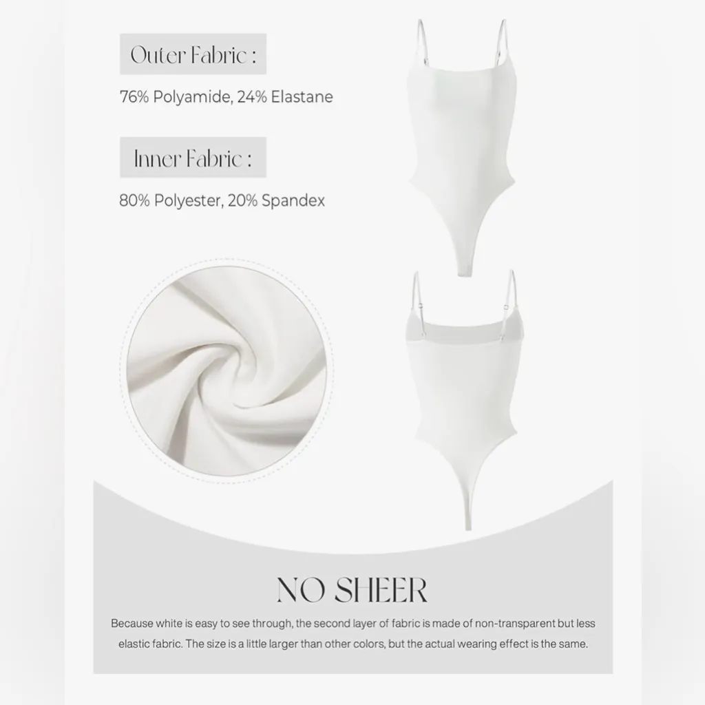 NEW SUUKSESS Sexy Square Neck Thong Bodysuit Backless Cami Bodysuit Top M White Size M - Image 7