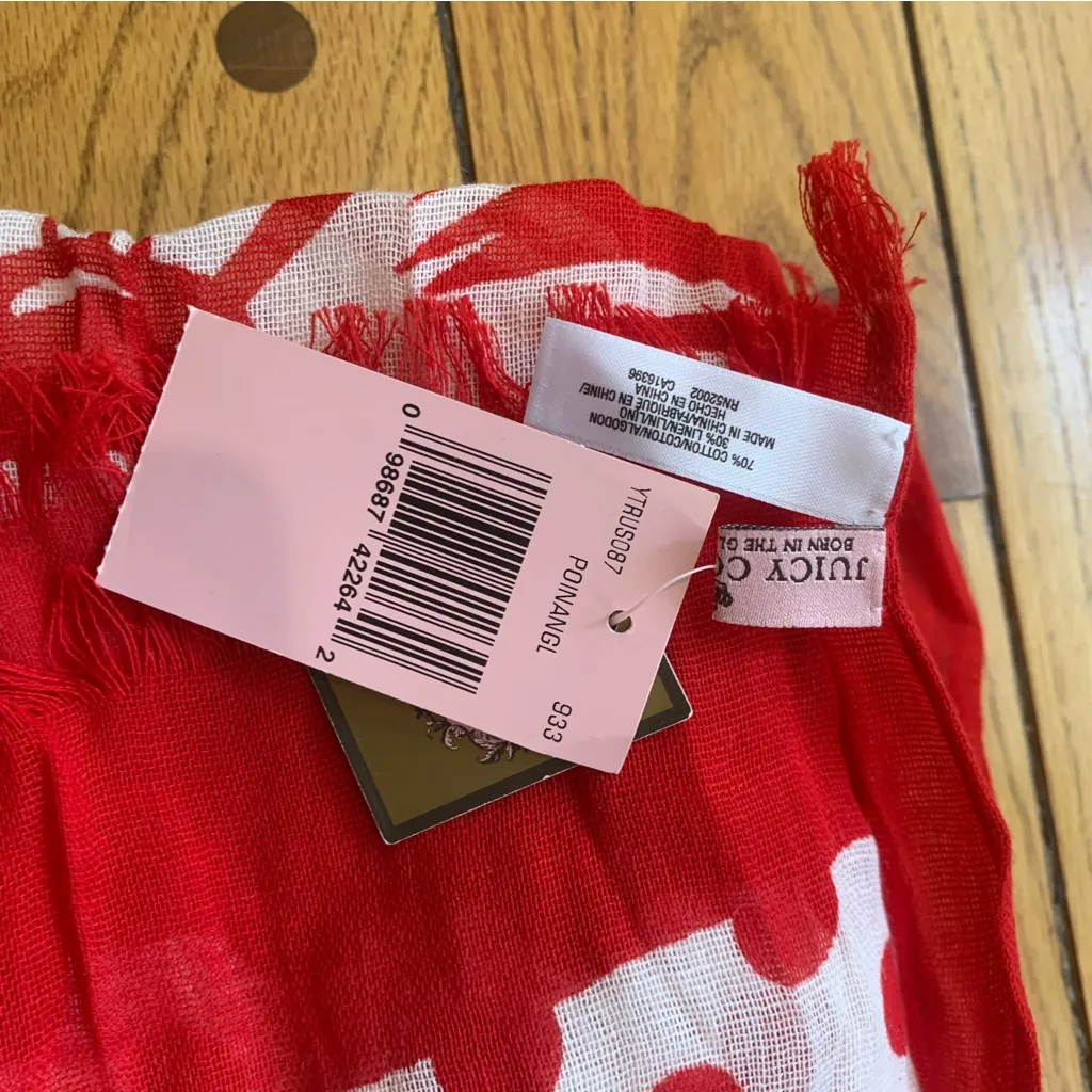 Juicy Couture Pam Gela Red Cotton Linen Scarf NWT Retro Style with Pointed Ends - Image 3