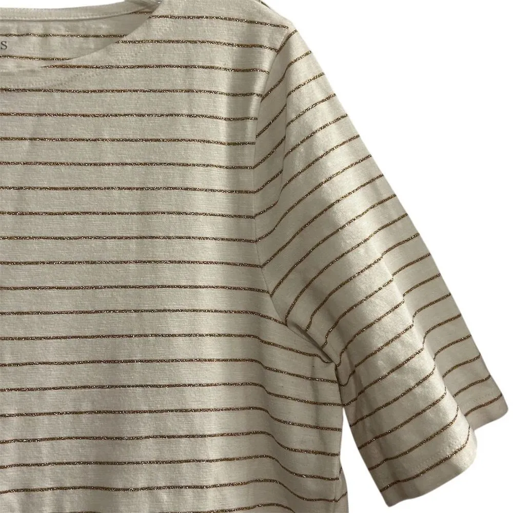 Talbots Petites L Striped Short Sleeve T-Shirt Cream Casual Gold Metallic Stripe - Image 6