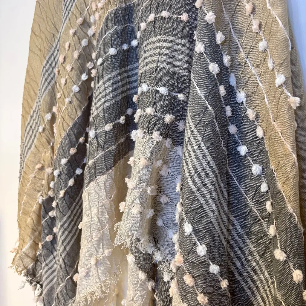 Demdaco Layering Casual Textured Poncho Shawl Pom Poms Tan Cream Grey One Size - Image 3