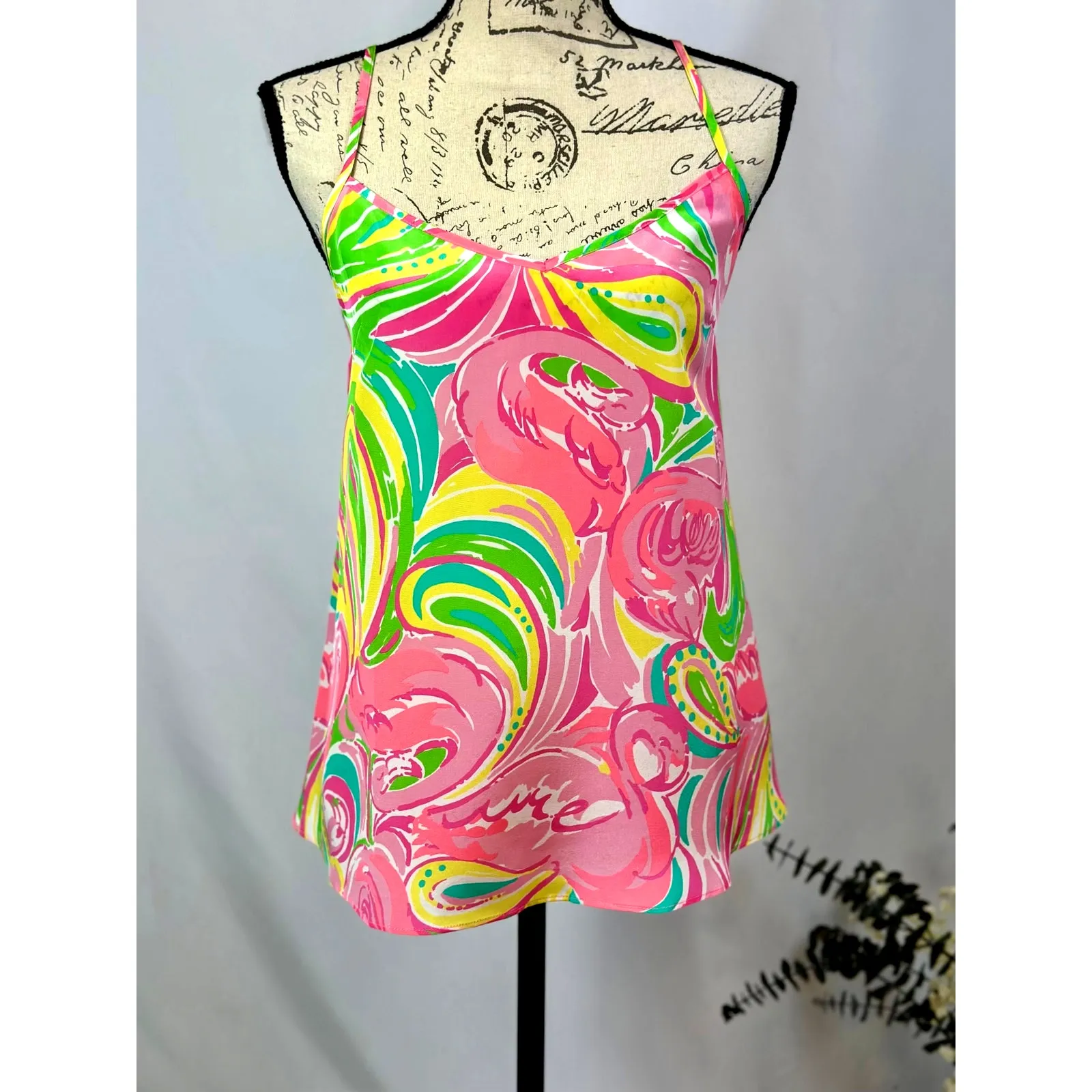 Lilly Pulitzer Dusk Camisole Racer Back 100% Silk Flamingo Print Size M - Image 4