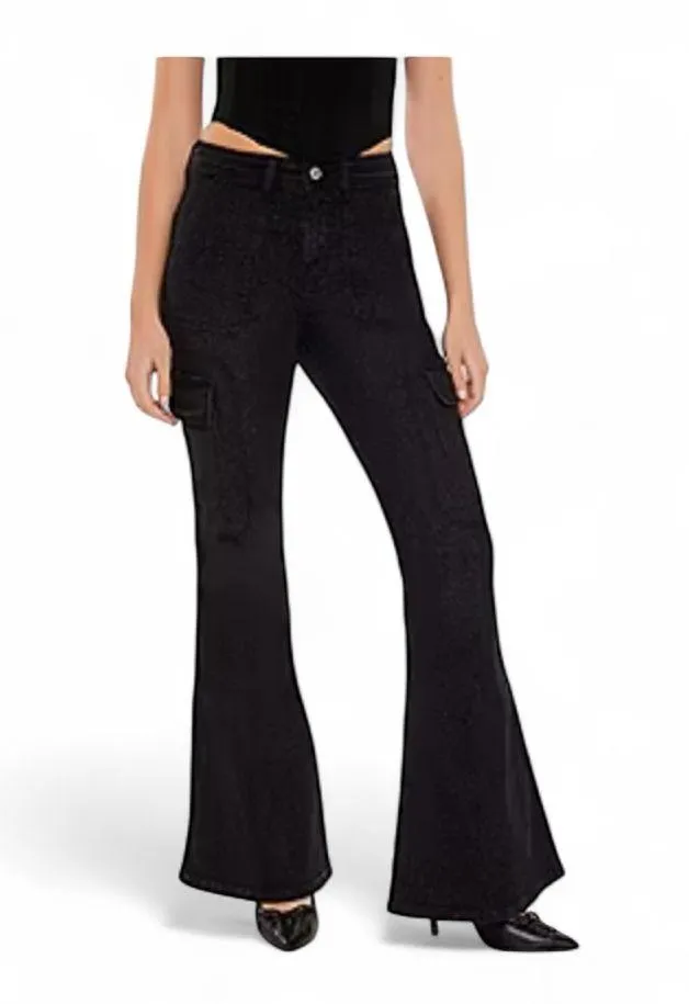 Forever 21 Juniors Black Glitter Cargo High Rise Flare Leg Jean 29X32” Stretch - Image 2