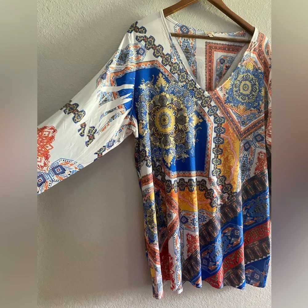 Reba Woman V-neck Jeweled 3/4 Sleeve Tunic Top Blouse Blue White Orange plus 1X - Image 4