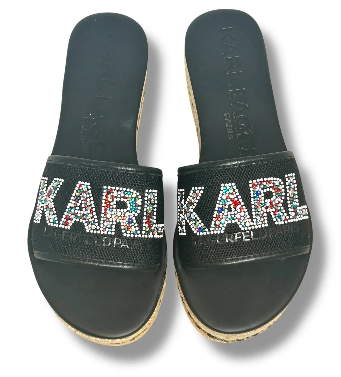 Karl Lagerfeld Kamara Bling Platform Espadrille Slide Sandals Black Women's 8.5M - Image 1