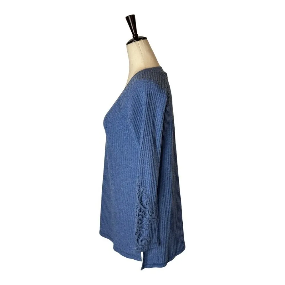 Soft Surroundings Shirt Women XS Blue Ribbed Knit Lace Crochet Sleeves Tunic Top - Image 5