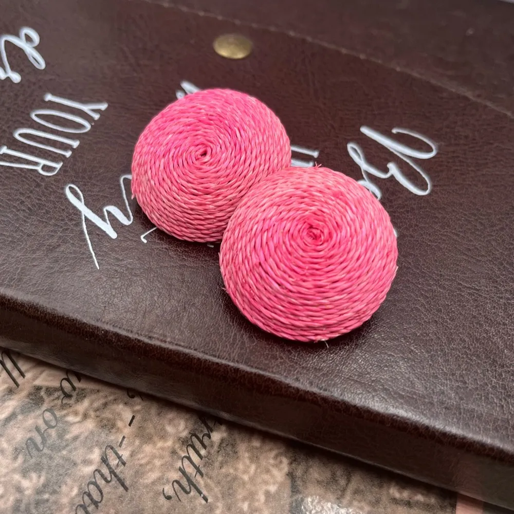 Handcrafted Oversized Pink Swirl Woven Round Disc Stud Earrings - Image 7