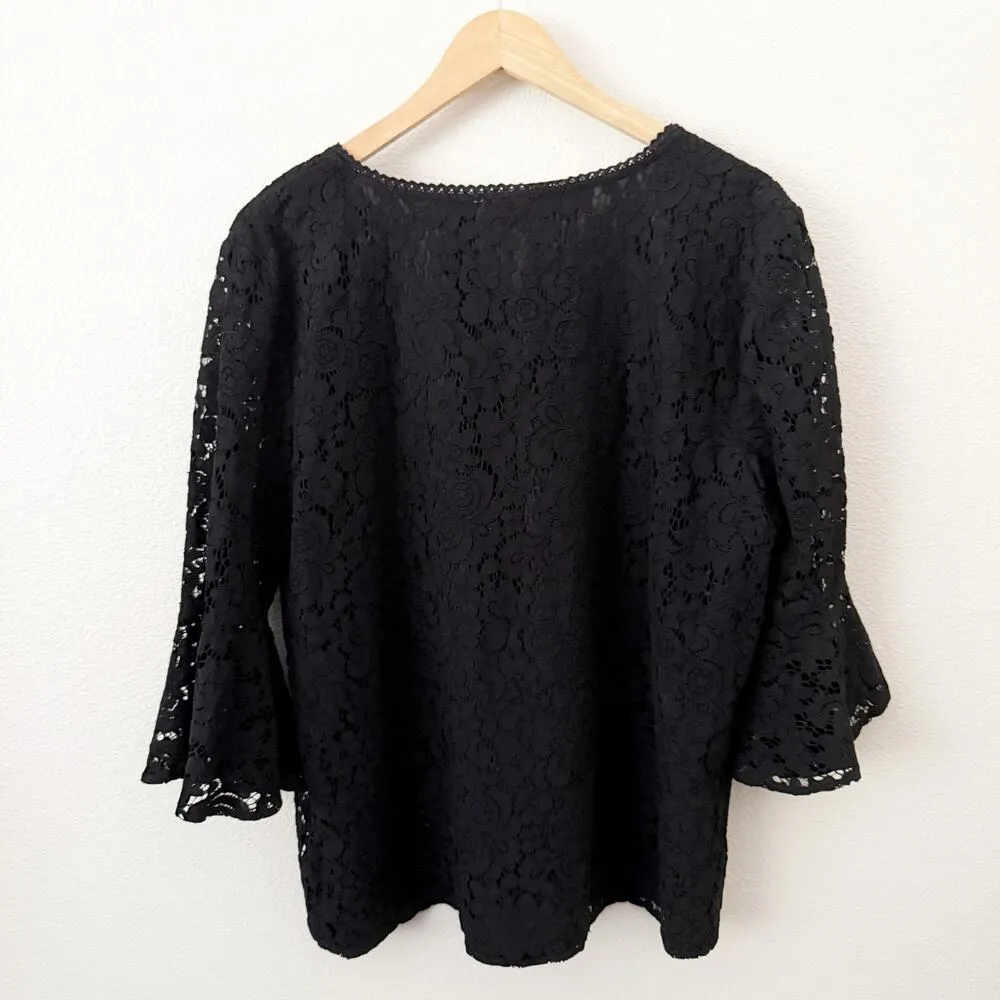 ANN TAYLOR LOFT | Black Lace Blouse Wide Bell Sleeve V-Neck Lined Body | Size XL - Image 4