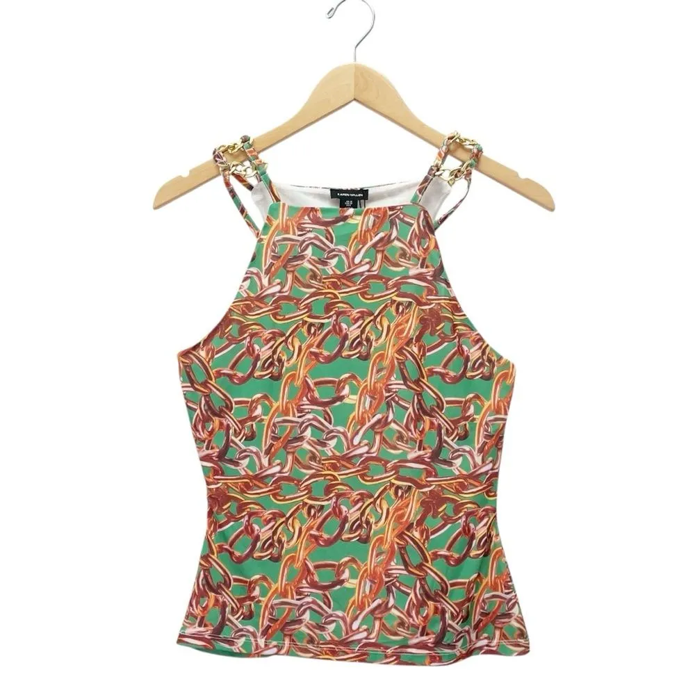 NWT Karen Millen Chain Print Cut Out Jersey Crepe Top Green Gold Sleeveless Sz 6 - Image 2