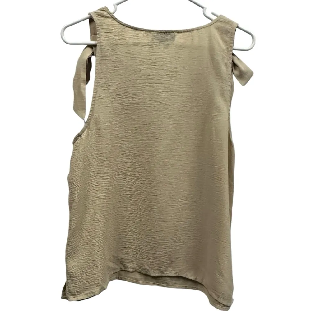 CeCe Neutral Khaki Tan Sleeveless Bow Tie Shoulder V Neck Tank Top Blouse Size M - Image 2