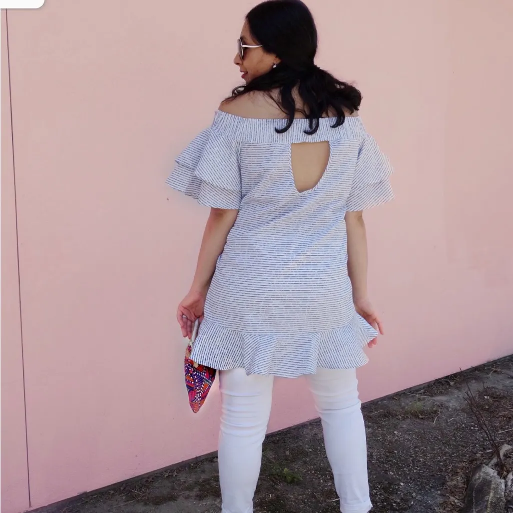 Romeo & Juliet Couture Blue White Seersucker Ruffle Tier Off Shoulder Dress L - Image 4