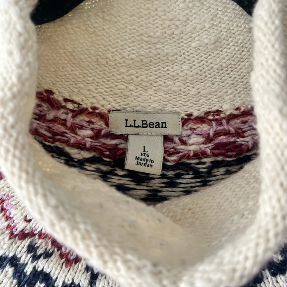 L.L. Bean Cotton Ragg Sweater, Funnelneck Pullover Fair Isle large - Image 3