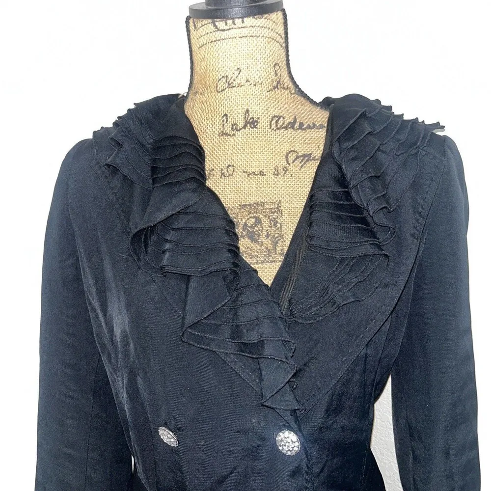 Sz M Medium Elie Tahari Black Trench coat With Rhinestone Button Detail - Image 15