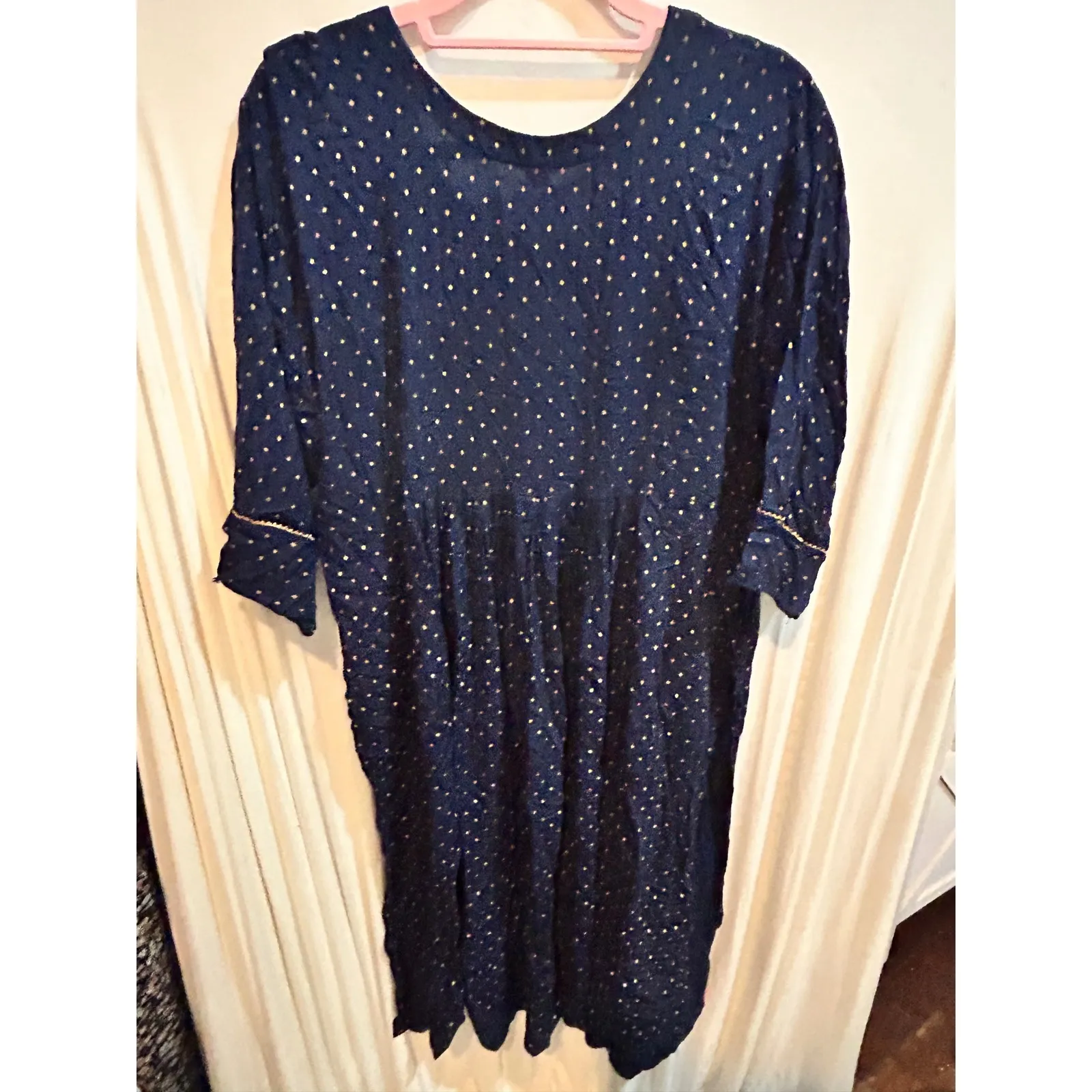 Navy Blue Embroidered‎ Indian Kurti Tunic Dress Gold Dot Accents Bohemian Size 00 - Image 6