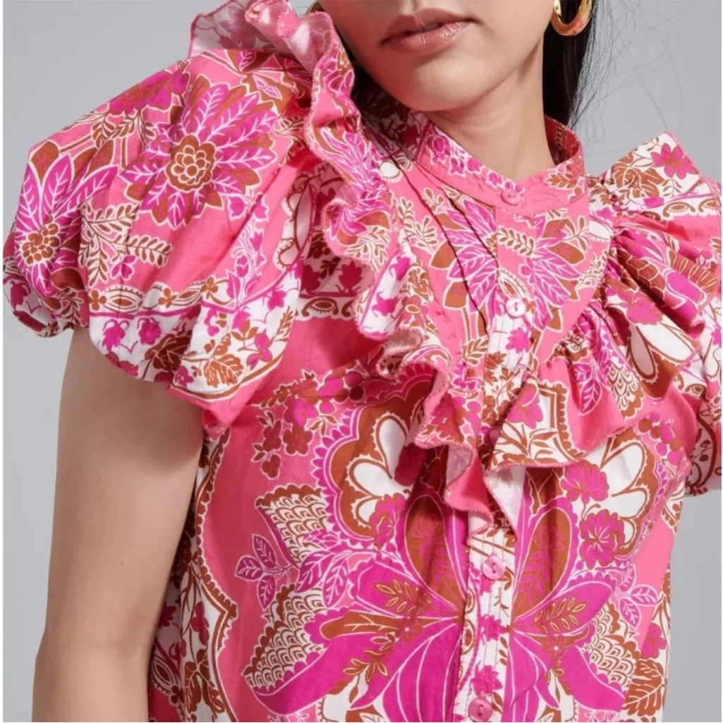 Love The Label Tatiana Floral Mini Ruffle Dress Clementine Pink Print Size Small - Image 3