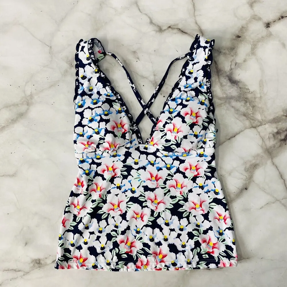 Anne Cole Studio Womens Navy Blue Floral Top Ruffle Strappy Back New XS - Image 2