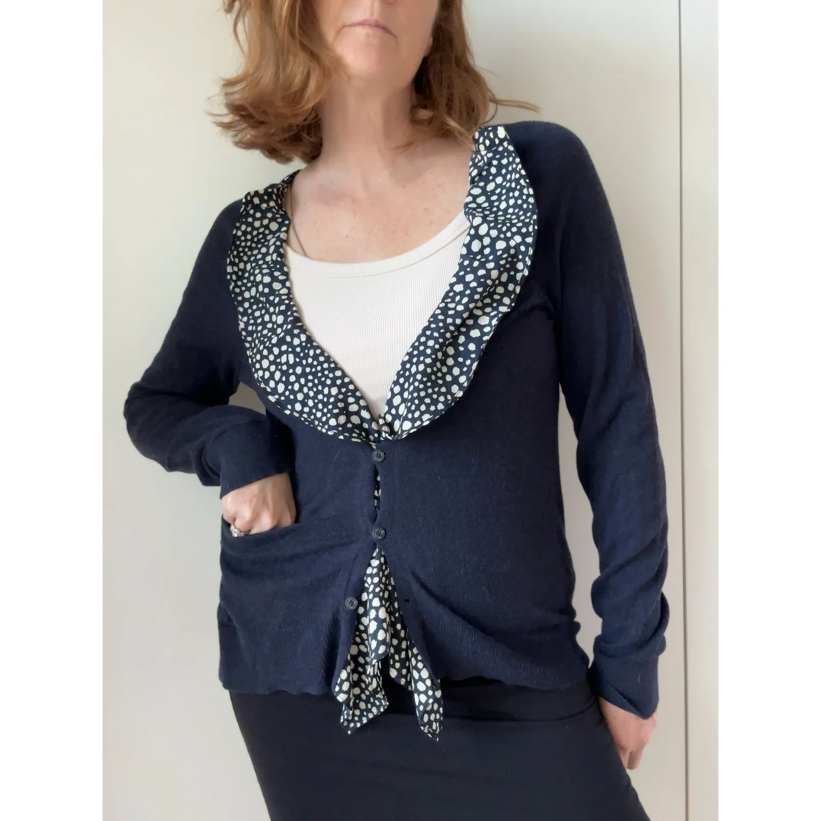 Womens Cardigans Size Large Monogram HWR Navy Nautical Ruffle Anthropologie - Image 5