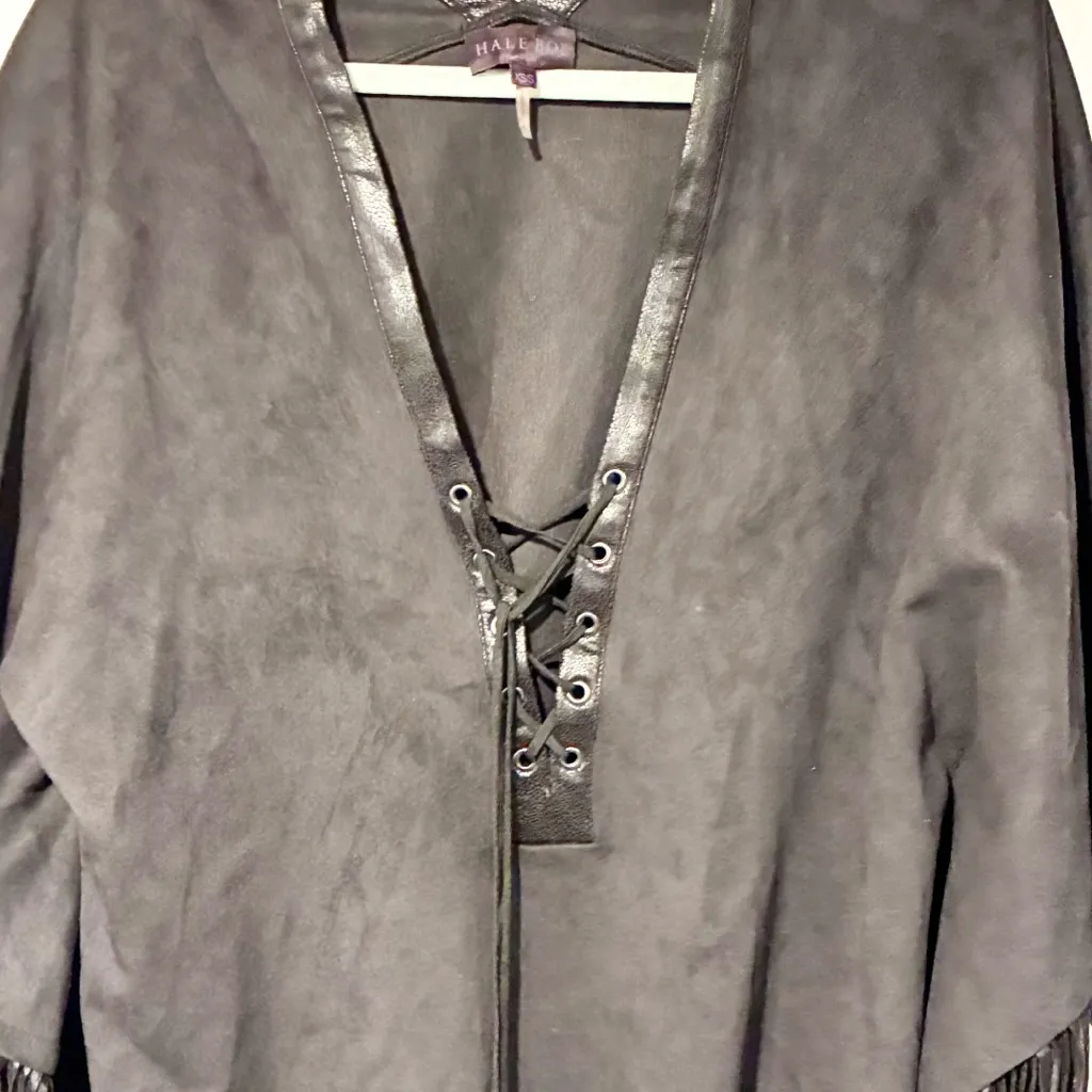 Hale Bob Black Suede Poncho with Faux Leather Fringe Lace Up Size XS/Small - Image 3