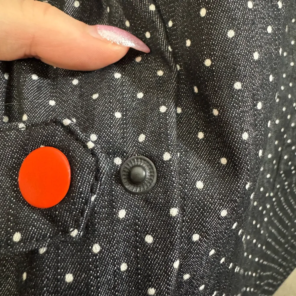 Betabrand Black and White Polka Dot Denim Farmer Market Midi Smock Dress - Image 6