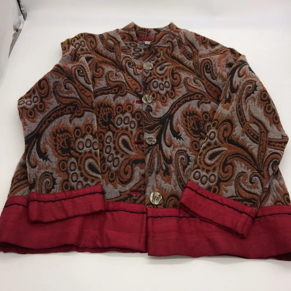 Ivy Tapestry Jacket in Earth Tones w/Red Silk Trim & Decorative Metal Button - Image 11
