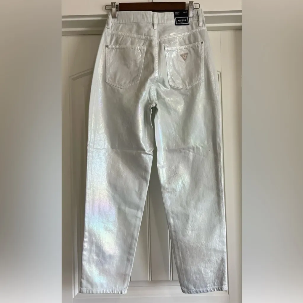 Guess  High Rise Tapered Leg Mom Fit Foil Waxed White iridescent Jeans W28xL27 - Image 4