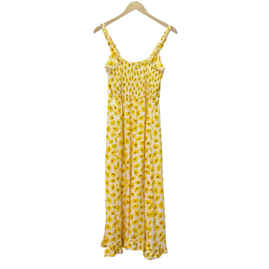 Faithfull the Brand Noemie Dress Size 8 US Yellow Floral Midi Ruffle Hem Smocked - Image 4