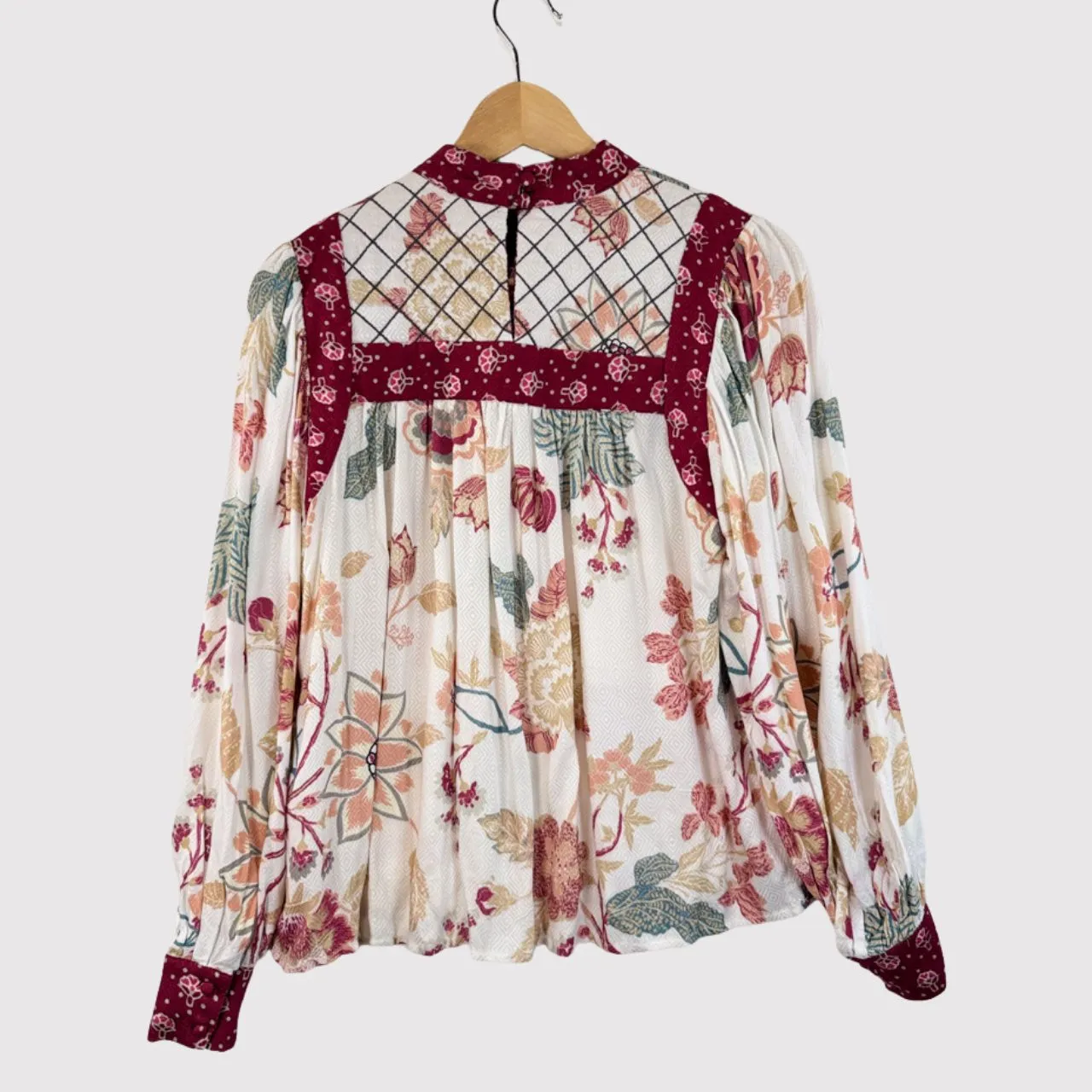 Anthropologie Let Me Be Womens Top Red Quilted Floral Blouse Cottagecore Boho XS - Image 3