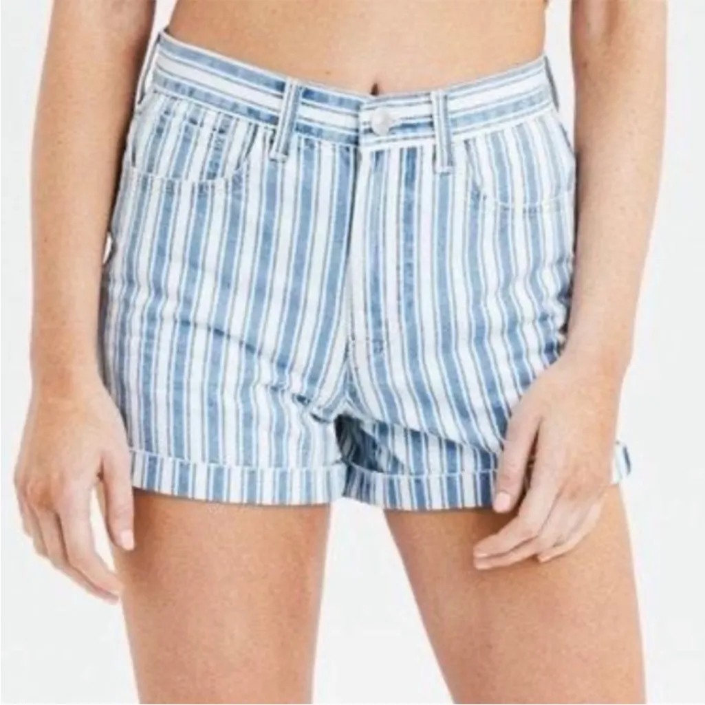 American Eagle 100% Cotton High Rise Pinstripe Striped Mom Short Blue White, 8 - Image 2