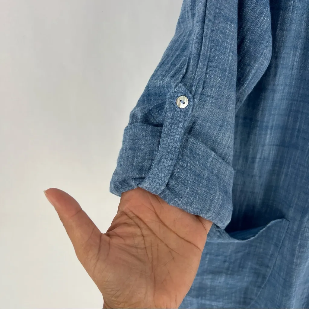 Seafolly Boyfriend Beach Shirt Blue Chambray Lightweight Roll Tab Sleeves V-Neck - Image 11