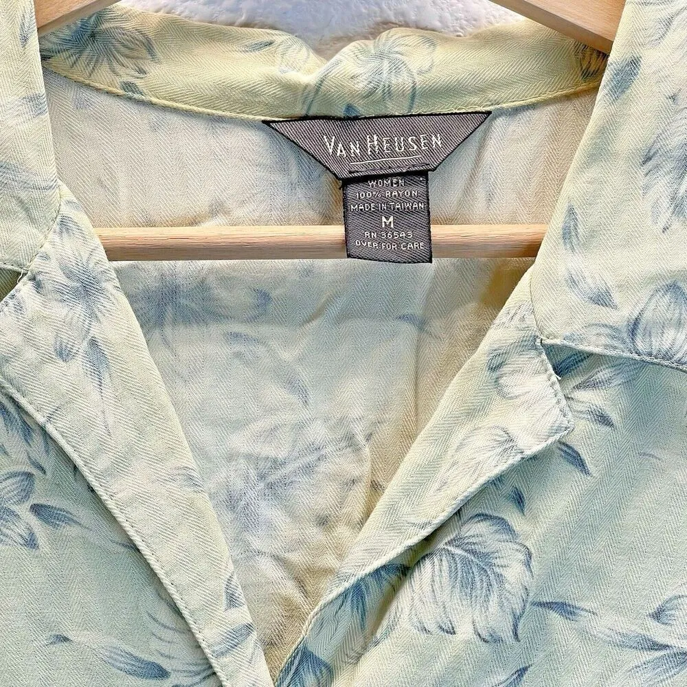 Van Heusen Tan Leaf Fronds Rayon womens flower rayon Hawaiian Shirt size M - Image 2