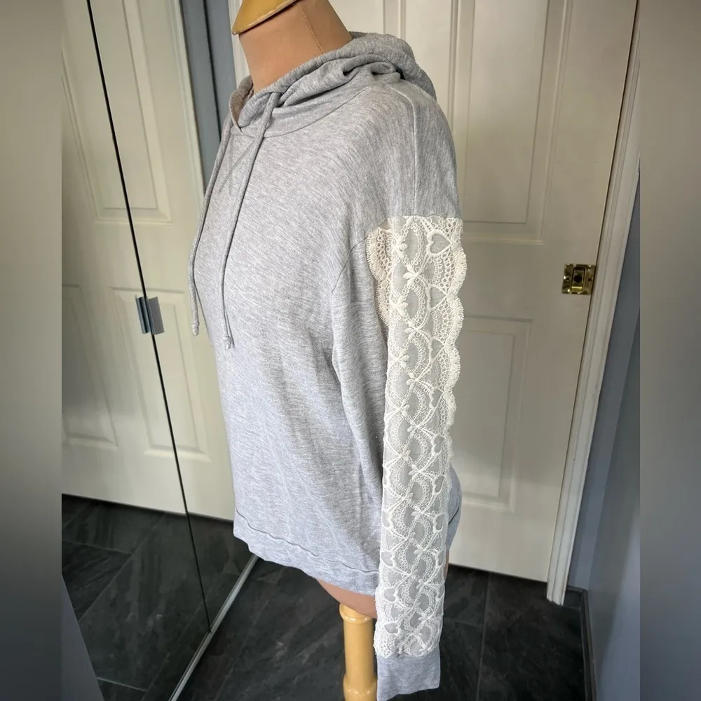 Flora Nikrooz Gray Lounge Hoodie with Heart Lace Accent‎ Sleeves - Image 2