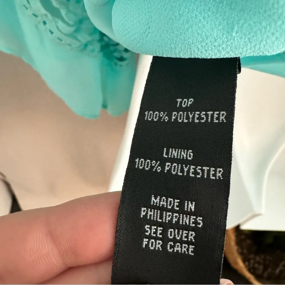 A. Byer Teal Chiffon Blouse with Three-Quarter Crochet Bell Sleeves - Image 6