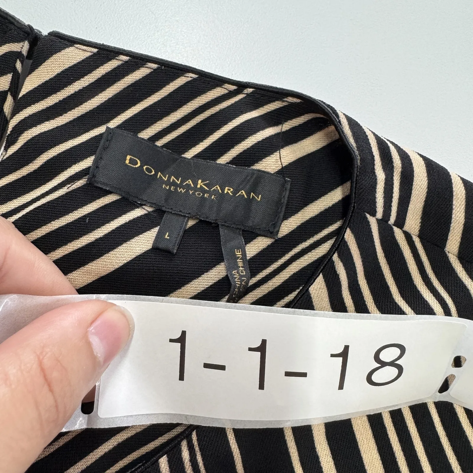 Donna Karan Dress Womens Large Black Tan‎ Striped Asymmetrical Hem Elegant - Image 4