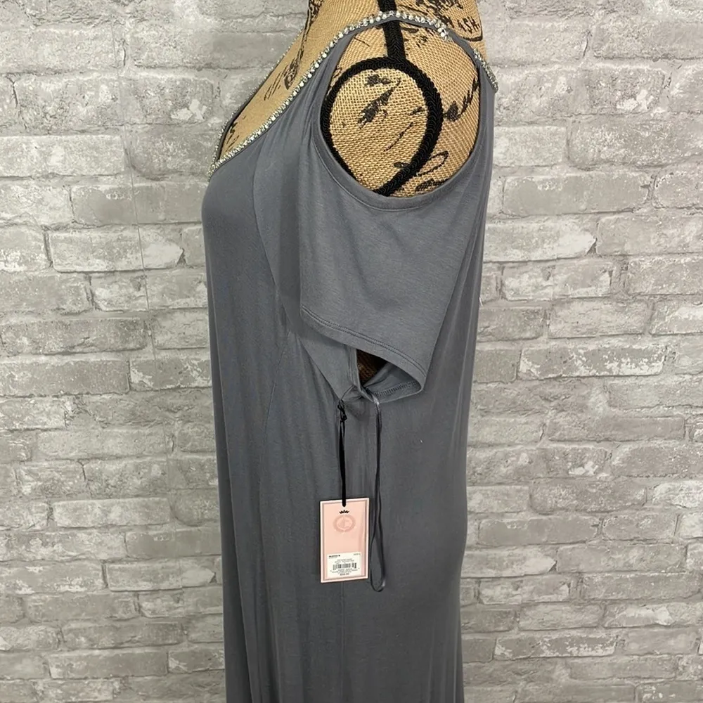 Juicy Couture Grey High Low Jeweled Neck Cold Shoulder Maxi Dress - Image 3